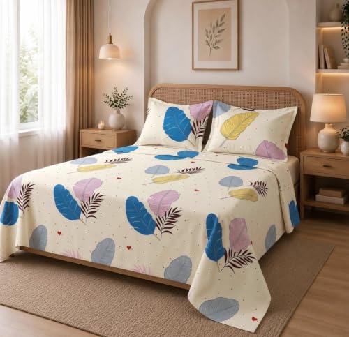 Image of HOMEKART Glace Cotton 160 TC Leaf Printed Double Bedsheet with 2 King Size Pillow Covers | Soft & Durable | 86 x 88Inches (White & Blue)