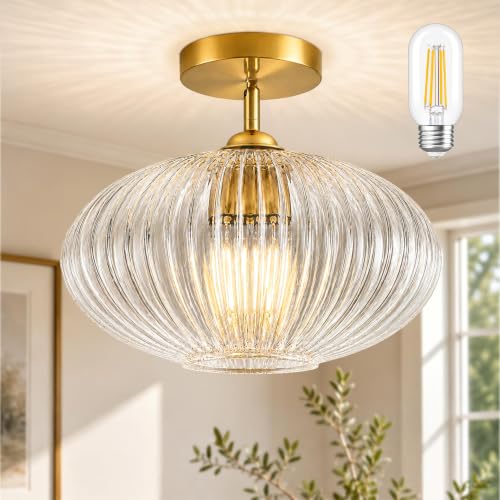 Bagood 10" Gold Glass Flush Mount Light Fixture Mid Century Modern Flush Mount Ceiling Light Textured Vintage Light Fixtures for Entryway Foyer Hallway Corridor Bedroom Closet (Bulb Included) by Bagood - Used condition - US$51.97
