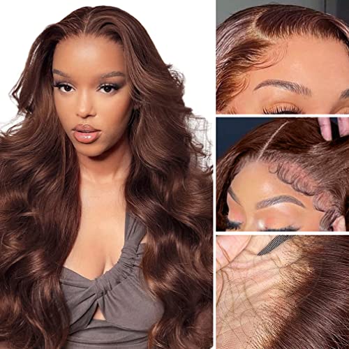 13x4 Brown Body Wave Lace Front Wigs Human Hair for Women 24Inch Chocolate Brown HD Lace Front Wigs Human Hair Pre Pluck