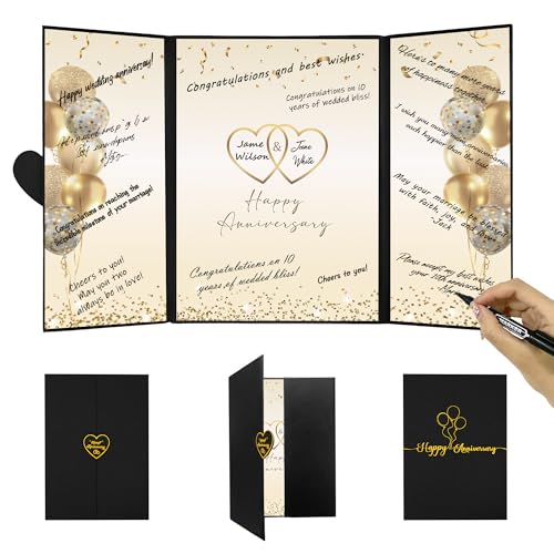 Image of DARUNAXY Black Gold Happy Anniversary Party Decorations, Happy Anniversary Alternative Signature Guest Book Wedding 1st 10th 40th 50th Anniversary Signing Card Board Party Supplies