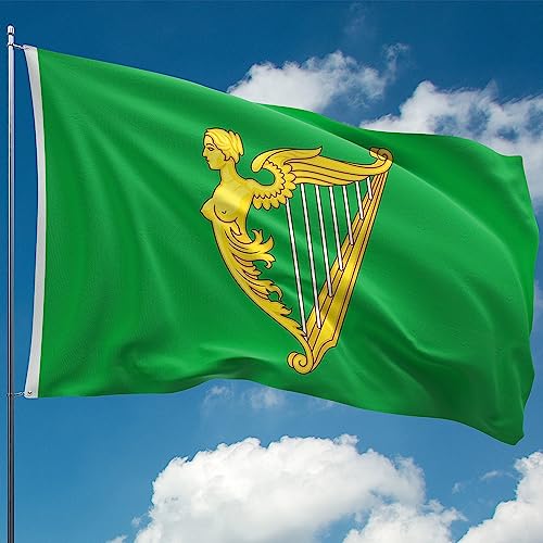 Irische Flagge – Irland-Flagge mit Wappen, Harfe – dreifarbige Flagge – doppelseitiger Digitaldruck – 110 Den dickes Polyester – doppelte Naht – 2 Messingösen, groß 1,5 m x 0,9 m