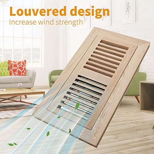 Oak Floor Register for 4x10 Inch Duct Holes - Flush Mount Floor Vent with Metal Damper - White Wooden Vent Covers for Home Floor - 0.8 Inch Thickness - Unfinished - 2PCS - Thumbnail 5