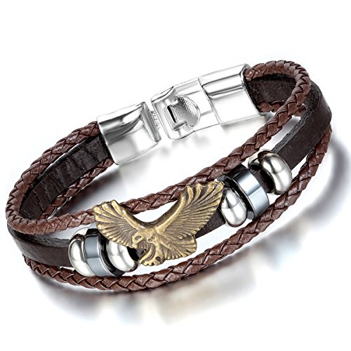 Flongo Men's Vintage Bronze Eagle Brown Braided Leather Multi-Strand Wristband