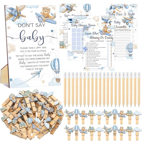 Patelai 321 Pcs Baby Shower Games Supplies, 5 Sets (50 Cards Each) Activities Cards with 20 Pencils 1 Don't Say Baby Sign 50 Clothespin(Airplane)