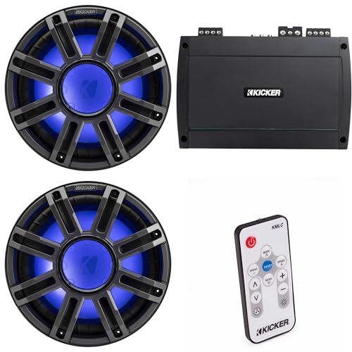 Kicker (2) 51MWE124 - MWE 12-Inch Premium Marine Subwoofer (Enclosure) 4-ohm & 48KXMA8004 Marine Amp Bundle (Includes LED Remote)