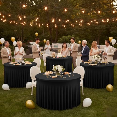 Image of HolidayIdeas Fitted Stretch Table Skirts,Spandex Tablecloth Wrinkle-Free Floor Length Polyester Table Cover for Weddings Parties Banquets Events, 72 in Round, Black,4 Pack