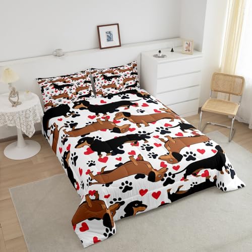 Image of Feelyou Dachshund Bedding Set for Girls Boys Kids Sausage Dog Comforter Lovely Red Love Hearts Animal Paw Comforter Set Room Decor Cute Pet Dog Duvet Set Full Size Bedspreads Coverlet Sets 3Pcs Boys