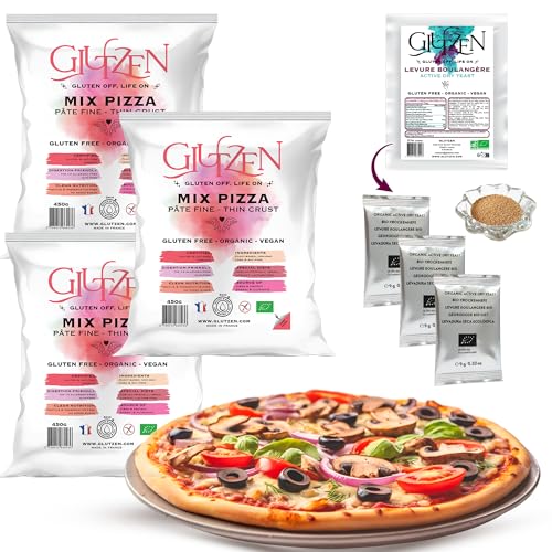Pizza Sin Gluten Bio GLUTZEN. Mix Masa Fina y Crujiente. Base Pizza Sin Amasado. Levadura de Panadero Incluida. Mezcla de Harinas Sin Gluten, Celíaco, Sin Alérgenos, Vegano, FODMAP.