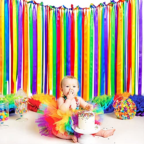 Rainbow Party Decorations Colorful Fringe Hanging Curtain Backdrop Streamer 197 Ft × 1.97" Wide Satin Ribbon Garland Banner For Birthday Wedding Bachelorette Fiesta Carnival Unicorn Hen Party Supplies #TOP5