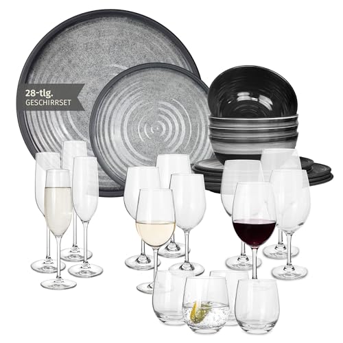 Vaisselle de camping en mélamine pour 4 personnes Gris pierre + 16 verres Tiamo verres à eau, vin et champagne