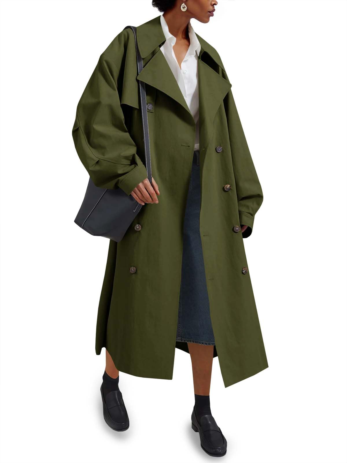 Tankaneo Womens Double Breasted Long Trench Coat Oversized Classic Lapel Belted Overcoat