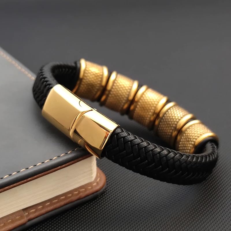 Image of THE MEN THING Leather Bracelet for Men - American Style Genuine Leather Multi-Layer Braided Bracelet with 100% Stainless Steel Magnetic Buckle for Men & Boys (8 inch)