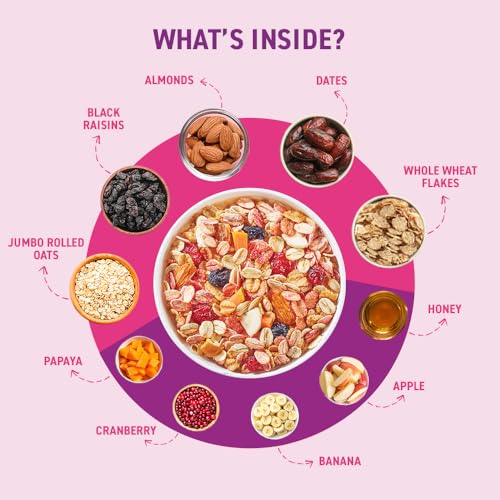 Image of Bagrry's Crunchy Fruit & Nut Muesli with 30% Real Fruits, Nuts & Seeds- 750G | 16 Real & Freeze Dried Fruits, Nuts, Seeds & Berries Muesli | No Candy | 38% High Fibre Oats, No Cornflakes | Fibre & Protein Rich Breakfast Cereal