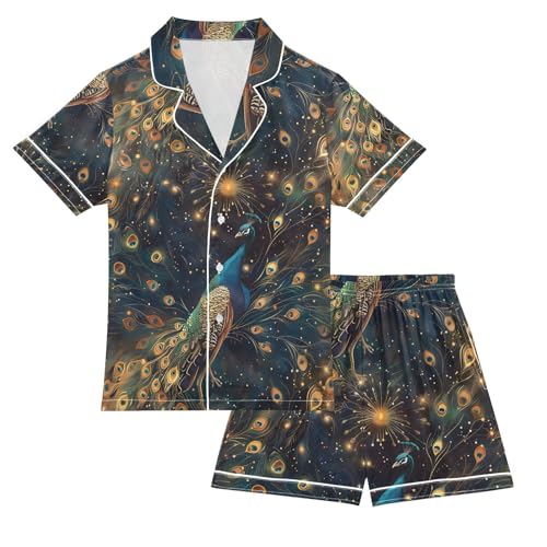 ALAZA Beautiful Peacock Starry Pajamas Satin Pajama Set Short Sleeve Button Down Sleepwear