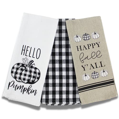 Serafina Home Farmhouse Kitchen Dish Towels: Autumn Black and White Gingham and Print Pumpkins with Fall Greetings (Design 3)