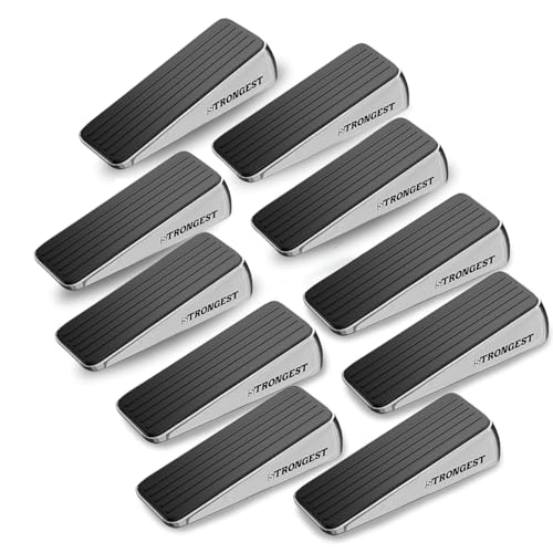 Image of Strongest Home Heavy Duty Door Stopper Wedge (10 Chrome PCs) | Non-Slip Rubber and Metal Door Stop for Heavy Doors| Work on Wood, Tile, Carpet + 10 White Wall Protectors