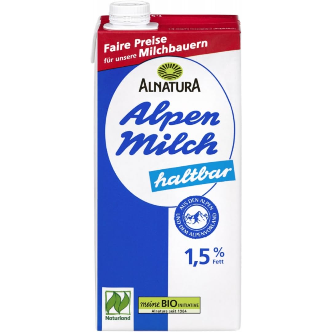 Milch Alnatura fettarme H-Milch 1,5% Fett Haltbare Milch Alpenmilch Milch, je 1 Liter, 24 Stück