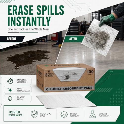 Image of FlashDry Oil Absorbent Pads, Fast-Absorbing Oil-Based Fluid Pads for Garage, Shop, Driveway, Automotive & Marine Use, Tear-Resistant Oil Absorbing Sheets, 17.5 inch x 13.5 inch, 300-Count Dispenser Box