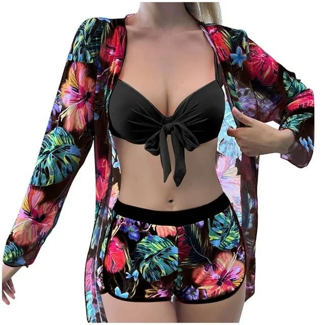 Image of AARAM Sexy Hot Beach Bikini Set for Women, Women's 3 Piece Beach Wear Stylish Printed Shorts Cardigan Suit Swimwear, Three-Piece Co-ord Set for Pool Vacation Honeymoon Beachwear