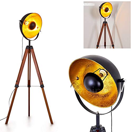 Lampadaire Jupiter en bois et métal noir & or, projecteur rétro-industriel avec interrupteur sur le câble, idéal dans un salon vintage, pour 1 ampoule E27,...