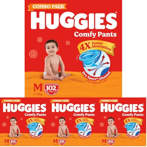 Image of Huggies Comfy Pants Baby Diaper, Medium (M) Size (7-12 Kgs), Pack of 408 (34 Count, Pack of 3)
