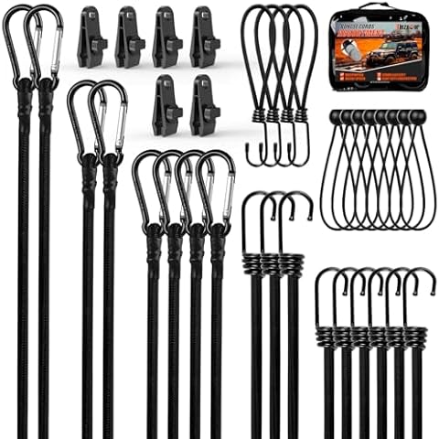 Kinzomor 35 PCS Black Bungee Cords Assorted Sizes,Bungee Cords Heavy Duty Outdoor,8",12",18",24",32",40" Bungee Cords with Hook & Carabiner Strap,6 Inch Bungee Balls,Tarp Clips with Carry Bags Cover