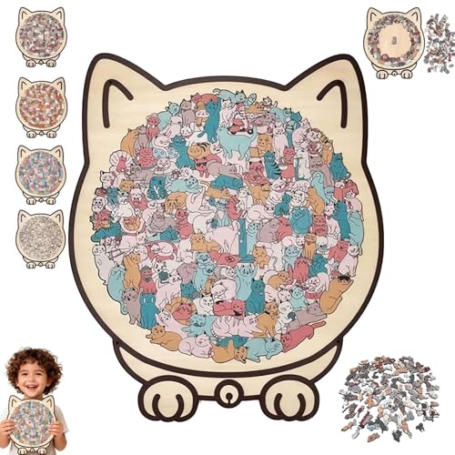 135ピース モランディカラー 猫型木製ジグソーパズル かわいい動物猫装飾 愛らしい猫の輪郭フレームとアクリルカバー付き クリエイティブなホームデコレーション 猫好きの方へのユニークなギフト (カラー3)