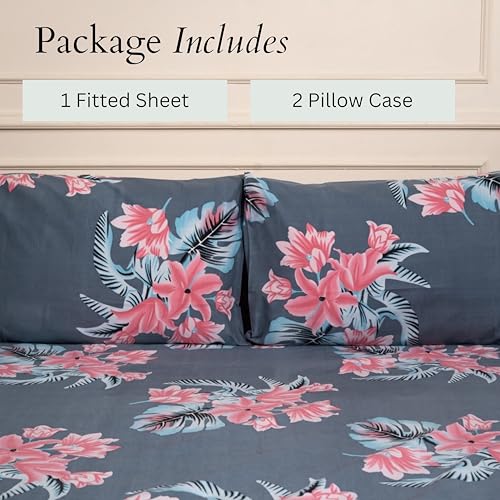 Image of Amazon Brand - Umi Cotton Fitted Bedsheet, Queen Size 78x60 Inches, Elastic Fit Bed Sheet, 10 Inch Deep Pocket, Soft Breathable Bedding, Durable Easy Care, with Pillow Cover-Twilight Blossom