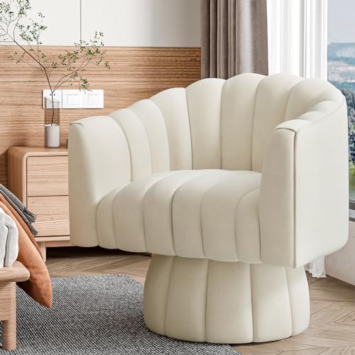 Accent Chair Mid Century 360 Degree Swivel Chair,Modern Lounge Sofa Round Barrel Chair with Wide Upholstered,Fluffy Velvet Fabric Chairs for Home Sofa Living Room/Bedroom/Waiting Room (Beige) - Image 3