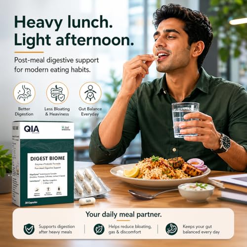 Image of QIA Digest Biome | Digestive Enzyme & Probiotic Capsules | DigeZyme 100 mg + LactoSpore 2 Billion CFU | Digestive Support for Heavy Meals, High Protein Diet & Daily Gut Health | 30 Capsules
