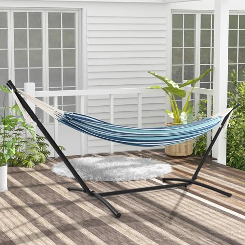 Giantex Hammock with Stand for Outside, 2-Person Double Hammock with Space Saving Metal Stand, Carrying Cases, Brazilian-Style Portable Hammock for Patio Garden Camping Lounging Outdoor & Indoor, Blue