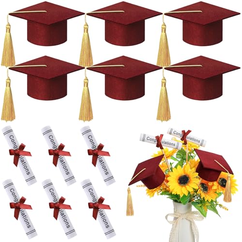 Image of Breling 12 Pcs Burgundy and Gold Graduation Centerpiece Sticks Felt Graduation Scroll Diploma and Grad Cap with Tassel Decor 2026 Table Toppers Centerpiece Party Supplies for Grad Party Decorations