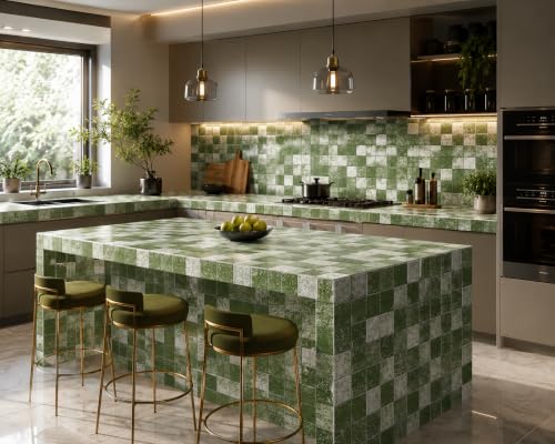 Image of Self-Adhesive PVC 3D Wall Sticker, Oil Proof & Waterproof Green Mosaic Wallpaper for Kitchen, Living Room, Wardrobe, Bedroom & Cafe Walls (60 x 200 cm, Set of 1)