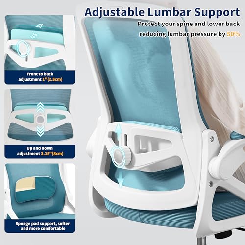 Image of Ergonomic Office Chair, Desk Chair with Adjustable Lumbar Support, Breathable Mesh Comfy Computer Chairs with Flip-up Armrests Executive Task Chair for Adults Home Office (Lake Blue)