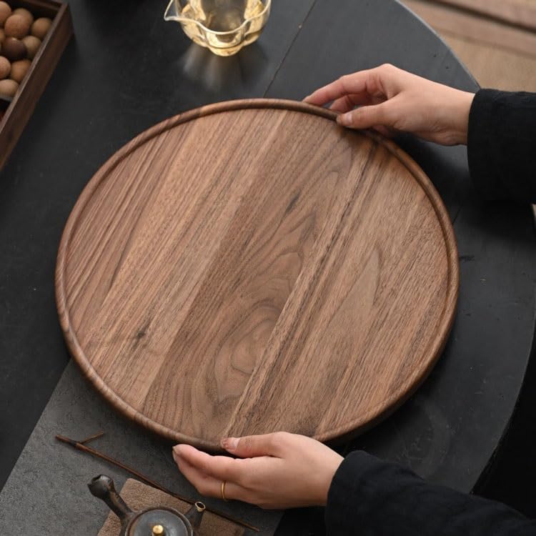 Bandeja de Madera Maciza para Servir con Tres Patas, Redonda de Nogal Negro, para Servir té, cafeterías y restaurantes, diseño Simple y Elegante para Uso en la Cocina.
