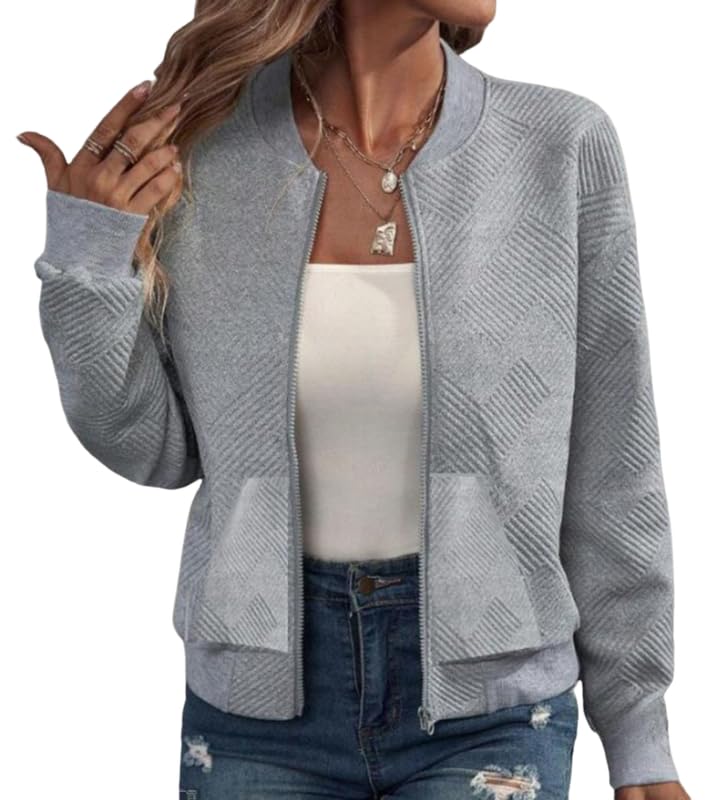 WROLEM Women Zip Up Sweatshirts with Pockets Long Sleeve Jackets Casual Loose Stand Collar Lightweight Short Outwear