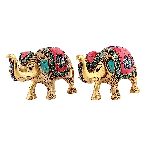 Image of Kalakriti Multicoloured Stone Studded Metal Trunk-up Elephant Showpiece for Good Luck (Vaastu) | Pack of 2 | Decorative Elephant Statue Idol for Home Decor for Prosperity and Luck