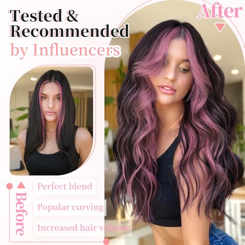Image of KooKaStyle Wavy Thick Clip in Hair Extensions 24 inch Natural Black Pink | Natural Volume & Seamless, 4 Pieces Clip in Extensions,Fiber Double Weft Hairpieces,Wave Long Synthetic Hairpiece for Women