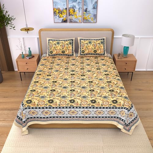 Image of India 100% Pure Cotton Jaipuri Printed Double Bedsheet with 2 Pillow Covers | Traditional Sanganeri Floral Design | Soft Breathable Fabric | King Size Bedsheet for Bedroom (Kaya55)