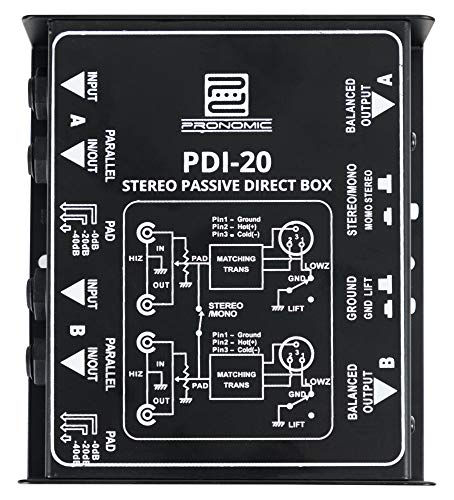 Pronomic PDI-20 passive Stereo-DI-Box - Frequenzbereich: 15 Hz - 30 kHz - Stereo/Mono-Schalter - Pad-Schalter - Ground-Lift - schwarz