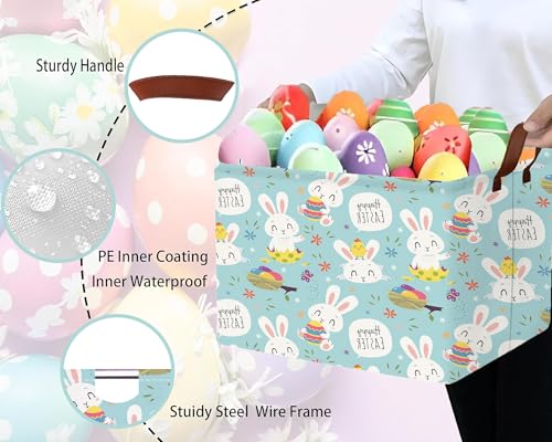 Image of Large Rectangular Easter Baskets Empty Waterproof Boy Toy Box Foldable Kid's Gifts Storage Bin Spring Room Decor(Flower Rabbit Holding Egg)