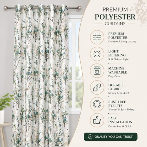 Image of Heavy Polyester Light Filtering Floral Curtains for Long Door 9 Feet Living Room Bedroom Curtain, 9 Feet Long, Aqua, Set of 4