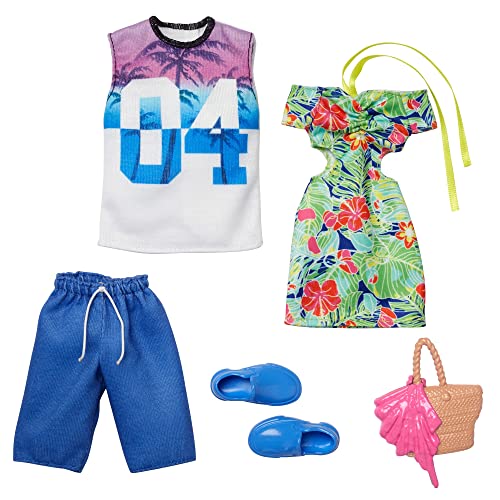 Barbie Ken Fashions 2-Pack Clothing Set, 1 Outfit & Accessory for Barbie Doll: Tropical Dress & Tote; 1 Outfit & Accessory for Ken Doll: Jersey & Board Shorts, Gift for Kids 3 to 8 Years Old