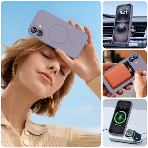 Image of Miracase Magnetic for iPhone 16 Plus Case, [Soft Anti-Scratch Microfiber Lining], Compatible with MagSafe, Liquid Silicone Shockproof Drop Protection Phone Case for 16 Plus,Lavender Gray
