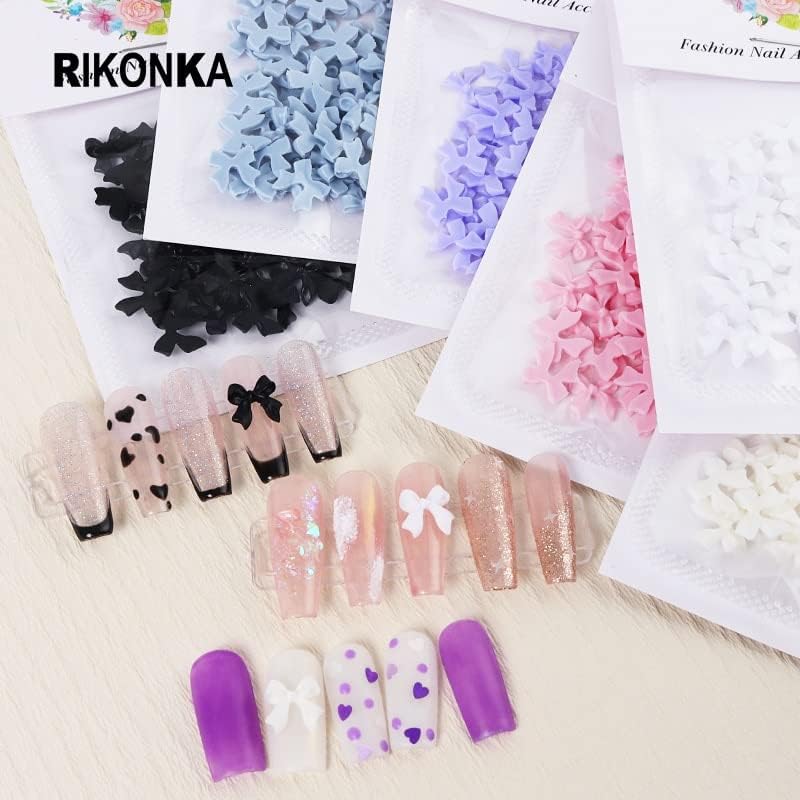 6 Bags White Black Ribbon Bow Lovely Resin Parts Bow-tie Nail Art Decorations Set for Manicure DIY Japan Korean Nail Accessories - (Color: BOW-6PCS)
