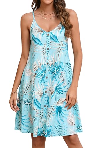 Enmain Sommerkleid Damen Strandkleid Kurz Spaghettiträger Trägerkleid Sommer Leicht Luftig V Ausschnitt Kleider mit Taschen Mintblau 2XL