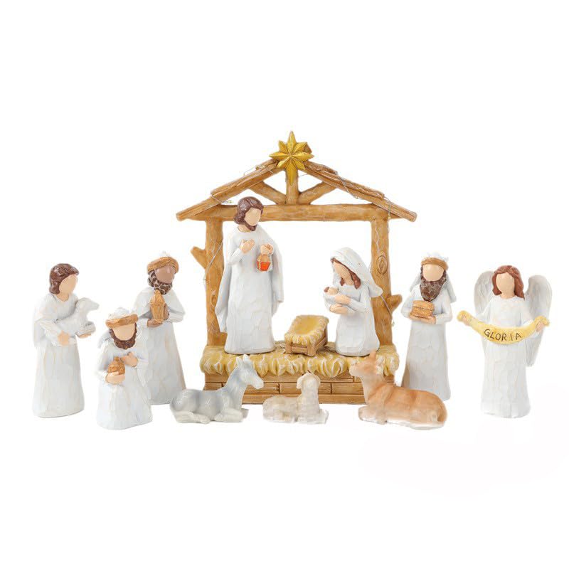 Figurines Crèche de Noël, Ensemble de 12 Pièces pour Crèche de Noël Décorations de Naissance de Jésus Traditionnelles et Religieuses Faites à la Main pour Table, Cheminée, Sapin