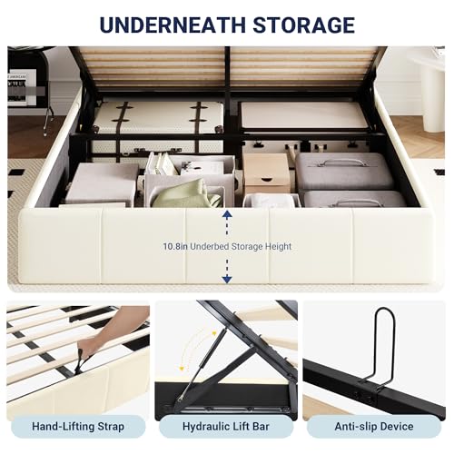 Image of Allewie Full Size Velvet Lift Up Hydrualic Storage Bed Frame, Cream