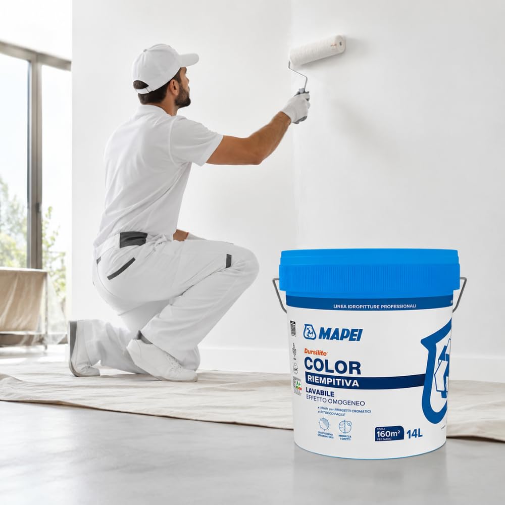 MAPEI Dursilite Color Idropittura Murale Riempitiva Lavabile per Interni, Bianco, Finitura Opaca, Professionale, 14 L