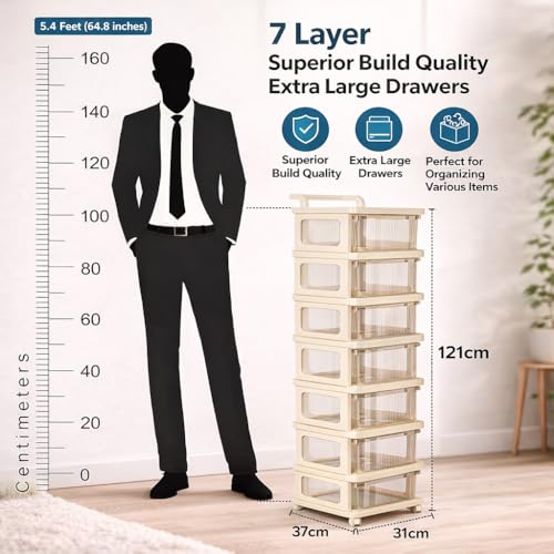 Image of KITCHIVO Heavy Duty Plastic Storage Drawer with Wheels | Modular Cabinet for Bedroom, Office, Home or Classroom| Chest of Drawers Organiser for Cosmetics, Kitchen items, Toys (White, 7)